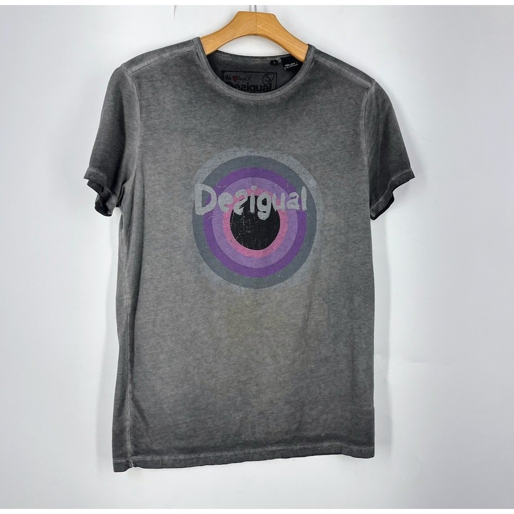 Desigual Womens Grey Acid Wash Graphic Logo T-Shirt Size Small Cotton Portugal